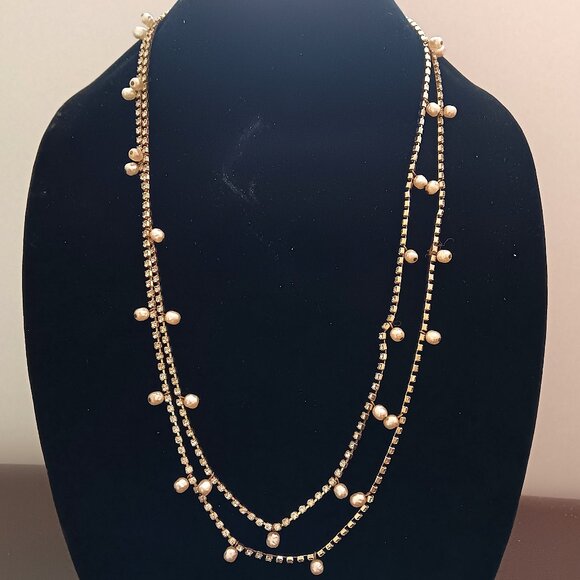 Vintage Signed Miriam Haskell Gold Tone Rhinestone & Faux Pearl 59" Necklace - Picture 1 of 3